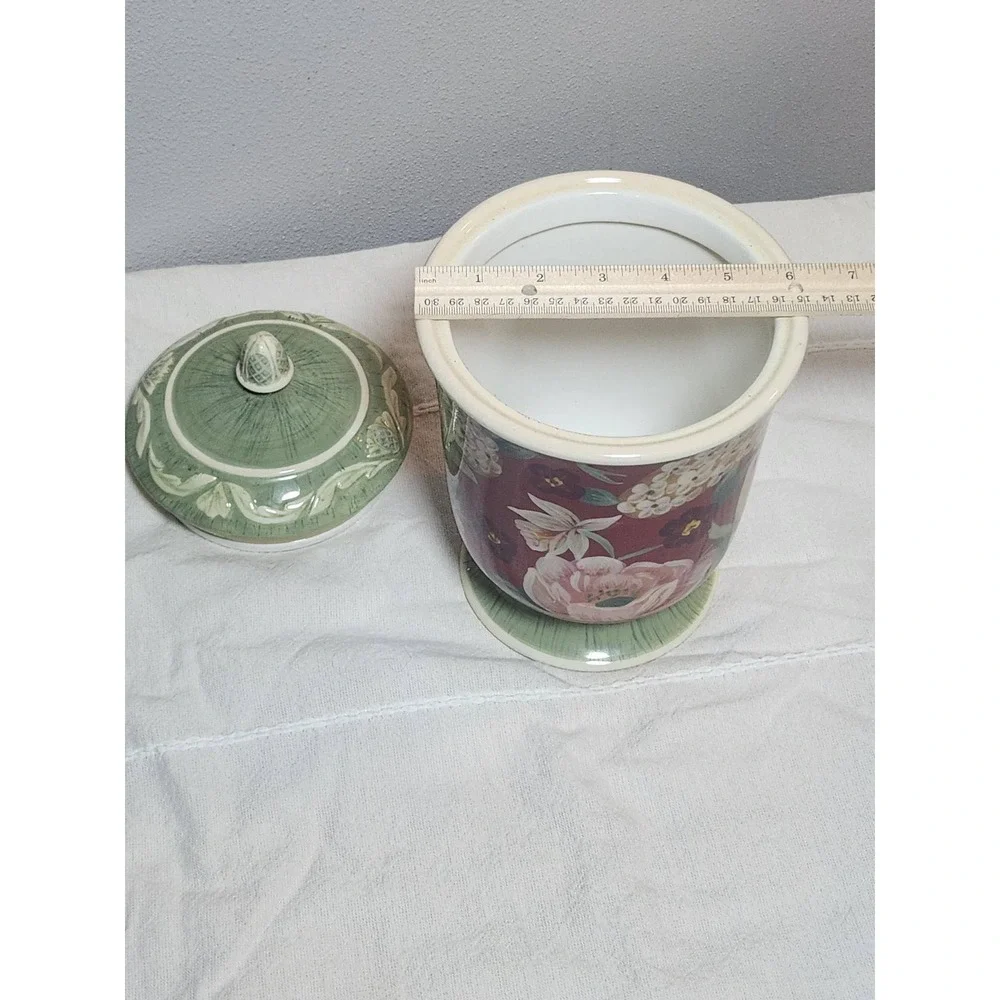 Certified International Pamela Gladding Floral Ceramic Canister Burgundy Green